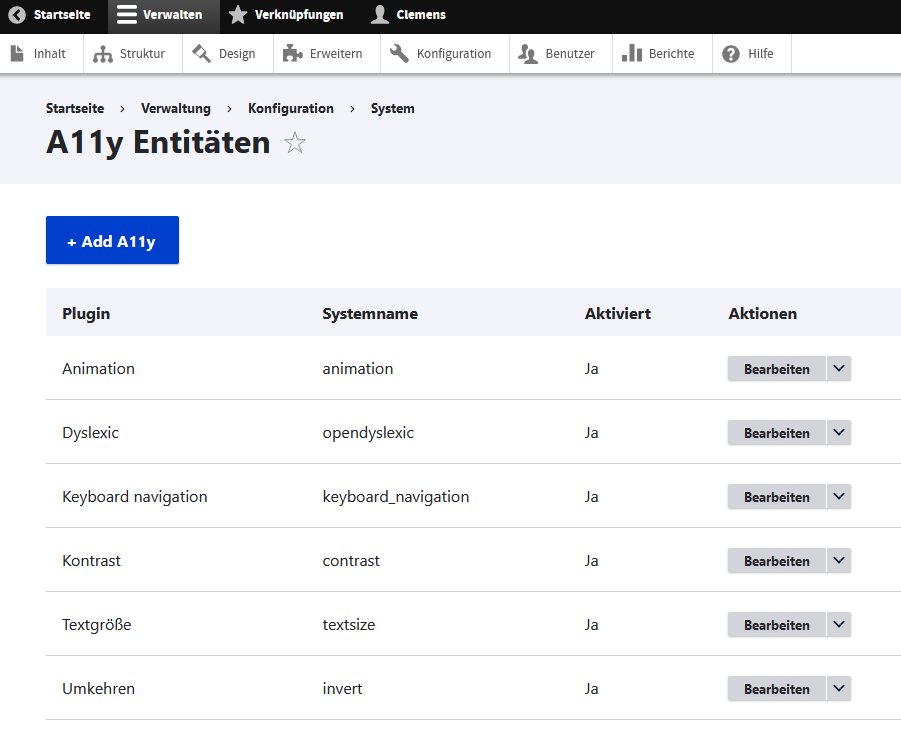 Auf dem Bild sind alle Plugins des a11y-Moduls dargestellt.
